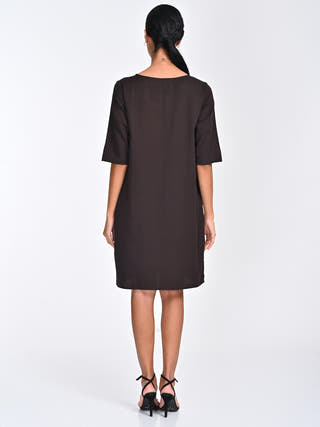 Tencel Solid Coffee Brown Boat Neck Dress Saltpetre