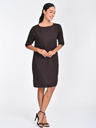 Tencel Solid Coffee Brown Boat Neck Dress Saltpetre