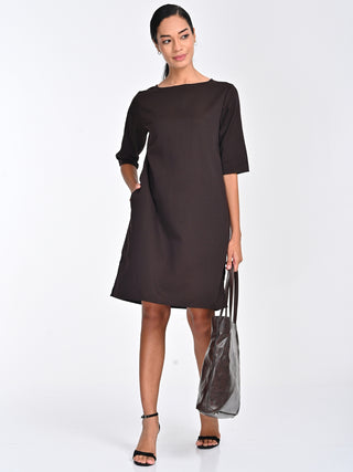 Tencel Solid Coffee Brown Boat Neck Dress Saltpetre