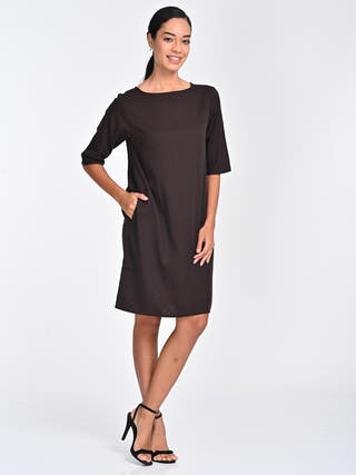 Tencel Solid Coffee Brown Boat Neck Dress Saltpetre