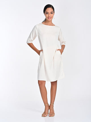 Tencel Solid Cream Boat Neck Dress Saltpetre