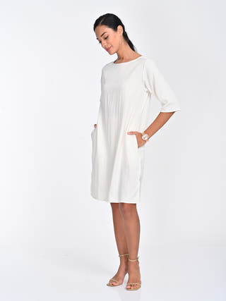 Tencel Solid Cream Boat Neck Dress Saltpetre