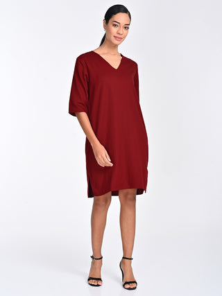 Solid Tencel Maroon Knee Length Dress Saltpetre