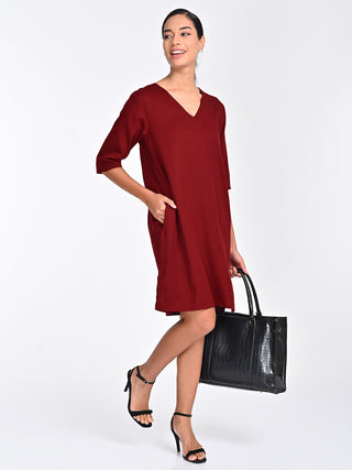 Solid Tencel Maroon Knee Length Dress Saltpetre