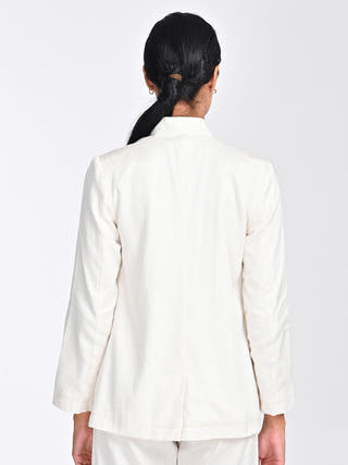 Modal Cream Solid No Lapel Blazer Saltpetre