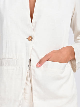 Modal Cream Solid No Lapel Blazer Saltpetre
