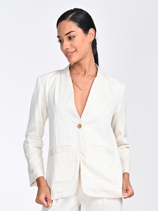 Modal Cream Solid No Lapel Blazer Saltpetre