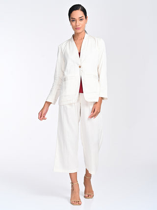 Modal Cream Solid No Lapel Blazer Saltpetre