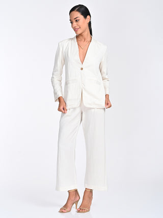 Cream No Lapel Blazer Pants Set Saltpetre