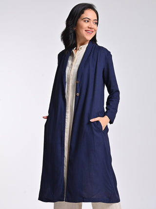 Linen Navy Blue Shawl Collar Long Shrug Saltpetre