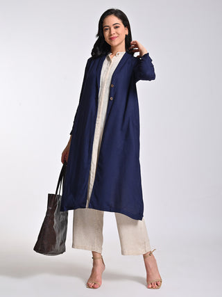 Linen Navy Blue Shawl Collar Long Shrug Saltpetre