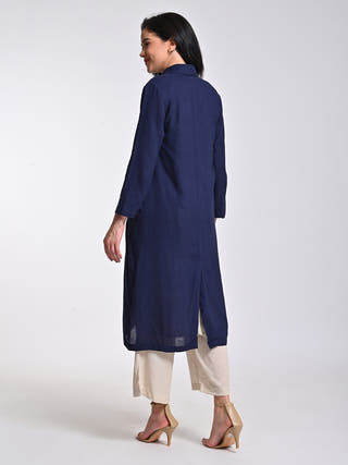 Navy Overlay With Beige Band Collar Top And Trousers Set Of 3 Saltpetre