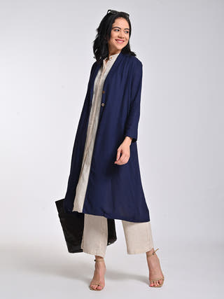 Navy Overlay With Beige Band Collar Top And Trousers Set Of 3 Saltpetre
