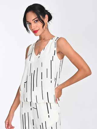 Modal Cream Cedar Print V-Neck Sleeveless Top Saltpetre