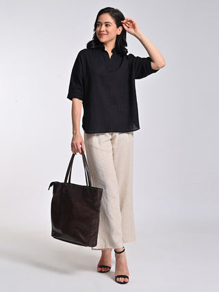 Solid Black Top With Wide Leg Pants Set Saltpetre