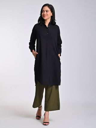 Black Pleated Tunic With Olive Trousers Set Saltpetre