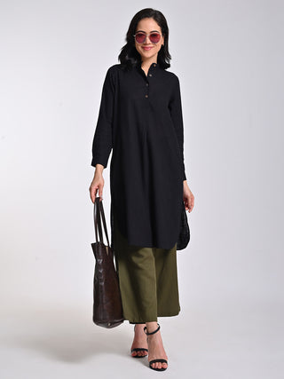 Black Pleated Tunic With Olive Trousers Set Saltpetre