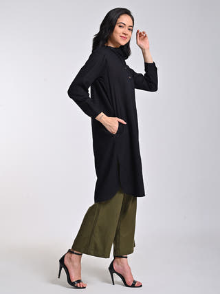 Black Pleated Tunic With Olive Trousers Set Saltpetre