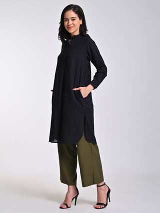 Black Pleated Tunic With Olive Trousers Set Saltpetre