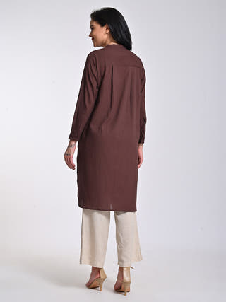 Brown Pleated Tunic With Beige Trousers Set Saltpetre