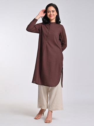 Brown Pleated Tunic With Beige Trousers Set Saltpetre