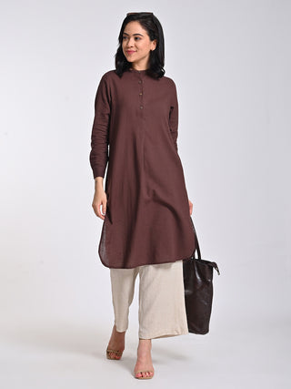 Brown Pleated Tunic With Beige Trousers Set Saltpetre