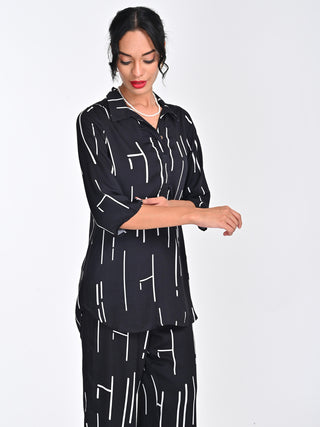 Modal Black Cedar Print Split V Neck With Collar Tunic Saltpetre