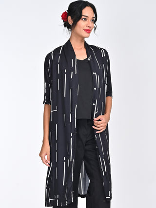 Modal Black Cedar Print Draped Neck Collar Long Shirt Saltpetre