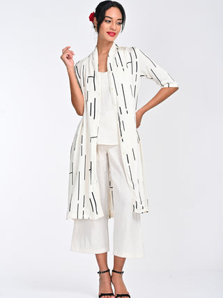 Modal Cream Cedar Print Draped Neck Collar Long Shirt Saltpetre