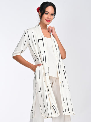 Modal Cream Cedar Print Draped Neck Collar Long Shirt Saltpetre