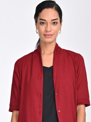 Maroon Draped Neck Overlay, Black Slip Top & Pants Set Saltpetre