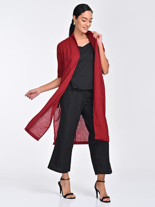 Maroon Draped Neck Overlay, Black Slip Top & Pants Set Saltpetre