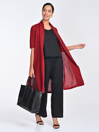 Maroon Draped Neck Overlay, Black Slip Top & Pants Set Saltpetre