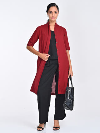 Maroon Draped Neck Overlay, Black Slip Top & Pants Set Saltpetre