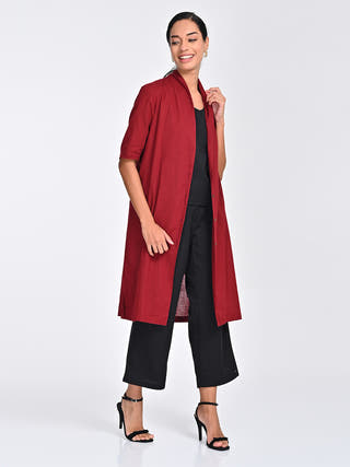 Maroon Draped Neck Overlay, Black Slip Top & Pants Set Saltpetre
