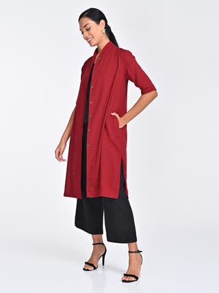 Maroon Draped Neck Overlay, Black Slip Top & Pants Set Saltpetre