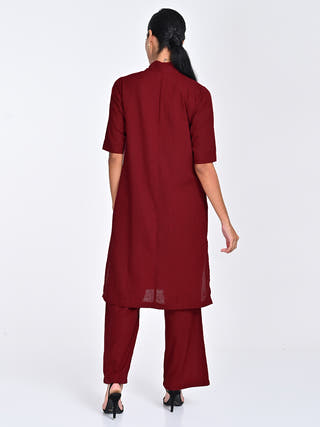 Maroon Draped Neck Long Shirt Pants Co-ord Saltpetre