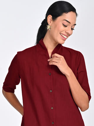 Maroon Draped Neck Long Shirt Pants Co-ord Saltpetre