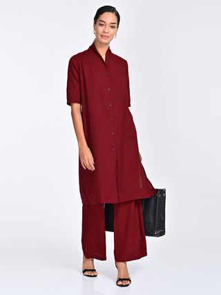 Maroon Draped Neck Long Shirt Pants Co-ord Saltpetre