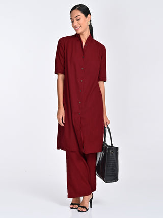 Maroon Draped Neck Long Shirt Pants Co-ord Saltpetre