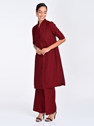Maroon Draped Neck Long Shirt Pants Co-ord Saltpetre