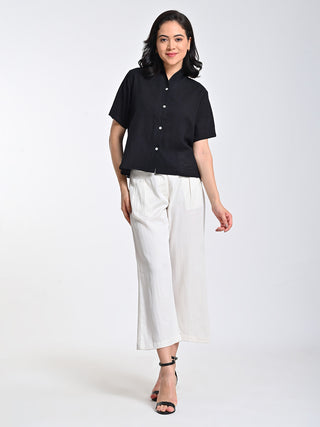 Black Wrap Collar Top With Cream Trousers Set Saltpetre