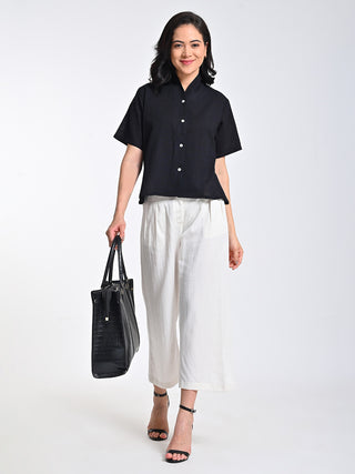 Black Wrap Collar Top With Cream Trousers Set Saltpetre