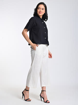 Black Wrap Collar Top With Cream Trousers Set Saltpetre
