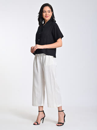 Black Wrap Collar Top With Cream Trousers Set Saltpetre