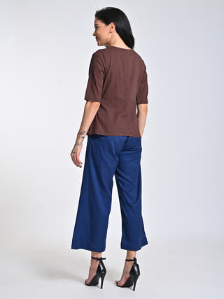 Brown V-Neck Top With Navy Trousers Set Saltpetre