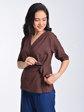 Brown V-Neck Top With Navy Trousers Set Saltpetre