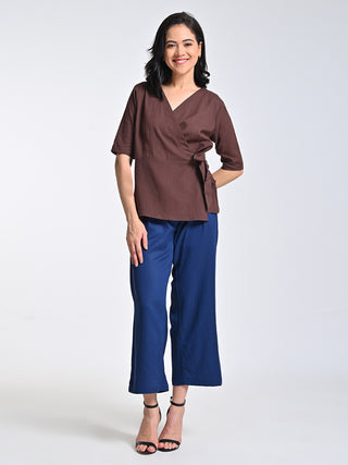 Brown V-Neck Top With Navy Trousers Set Saltpetre