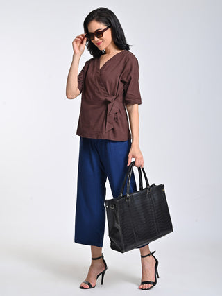 Brown V-Neck Top With Navy Trousers Set Saltpetre