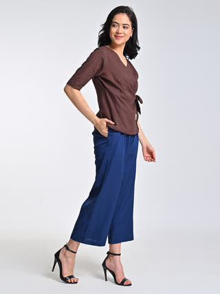 Brown V-Neck Top With Navy Trousers Set Saltpetre